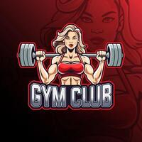 Gym club. Fitness woman carrying barbell mascot logo design for badge, emblem, esport and t-shirt printing vector