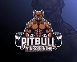 aptitud pitbull que lleva barra con pesas, aptitud centro, mascota logo diseño para insignia, emblema, deporte y camiseta impresión vector