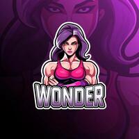 Wonder with muscular woman and crossed arms pose mascot logo design for badge, emblem, esport and t-shirt printing vector