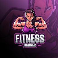 Fitness trainer with muscular woman and front double biceps pose mascot logo design for badge, emblem, esport and t-shirt printing vector