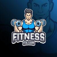Fitness club with muscular man carrying dumbbel mascot logo design for badge, emblem, esport and t-shirt printing vector