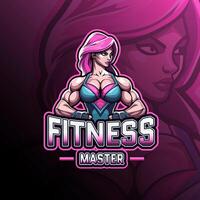Fitness master with muscular woman mascot logo design for badge, emblem, esport and t-shirt printing vector