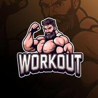 rutina de ejercicio con muscular hombre mascota logo diseño para insignia, emblema, deporte y camiseta impresión vector