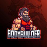 Bodybuilder gym mascot logo design for badge, emblem, esport and t-shirt printing vector