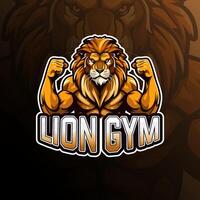 león gimnasio con frente doble bíceps actitud mascota logo diseño para insignia, emblema, deporte y camiseta impresión vector