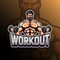 Workout with muscular man carrying dumbbell mascot logo design for badge, emblem, esport and t-shirt printing vector