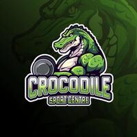 Fitness crocodile carrying dumbbell, sport centre, mascot logo design for badge, emblem, esport and t-shirt printing vector