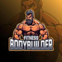 Muscle masculine bodybuilder mascot logo design for badge, emblem, esport and t-shirt printing vector