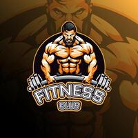 Fitness man carrying barbell mascot logo design for badge, emblem, esport and t-shirt printing vector