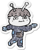 distressed sticker of a friendly cartoon spaceman pointing png