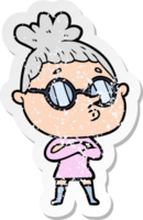 distressed sticker of a cartoon woman wearing glasses png