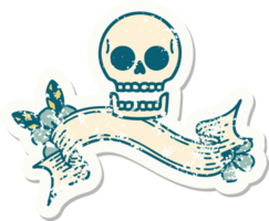 worn old sticker with banner of a skull png