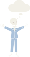 cartoon skeleton wearing pajamas with thought bubble in retro style png