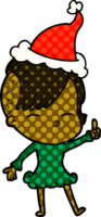 main tiré bande dessinée livre style illustration de une plisser les yeux fille portant Père Noël chapeau png