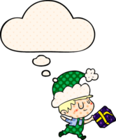 cartoon happy christmas elf with thought bubble in comic book style png