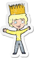 retro distressed sticker of a cartoon person wearing crown png