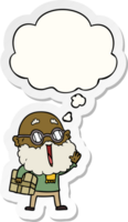 cartoon joyful man with beard and parcel under arm with thought bubble as a printed sticker png