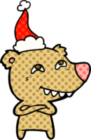 hand drawn comic book style illustration of a bear showing teeth wearing santa hat png