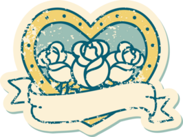 image emblématique de style tatouage autocollant en détresse d'un coeur et d'une bannière avec des fleurs png