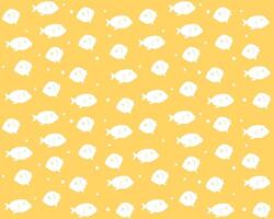 Seamless pattern with white fish on a yellow background. Suitable for design and printing on fabric. Nautical illustration in flat style. vector