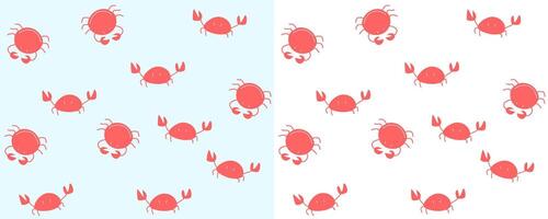 Seamless pattern with red crabs. Seabed, crayfish on blue. Suitable for design and printing on fabric. illustrations isolated on azure and white background in flat style vector