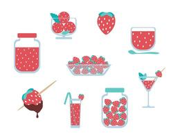 Set of strawberry ice cream, jam, marmalade. Strawberries in chocolate, Juice from juicy red berries, cocktail. illustration of summer food isolated on white background in flat style vector