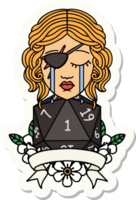 sticker of a crying human rogue with natural one roll png