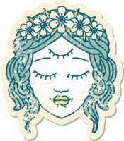 iconic distressed sticker tattoo style image of female face with third eye png