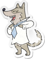 distressed sticker of a cartoon office wolf getting dressed png