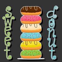 Illustration on theme big set different types sticky donuts, sweet doughnuts various size vector