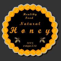 Illustration on theme for label of sugary flowing down honey in honeycomb with bee vector