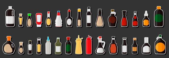 Ilustración sobre el tema kit grande botellas de vidrio variadas llenas de salsa líquida unagi vector