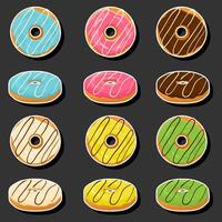 Illustration on theme big set different types sticky donuts, sweet doughnuts various size vector