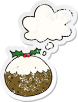 dibujos animados Navidad pudín con pensamiento burbuja como un afligido desgastado pegatina png