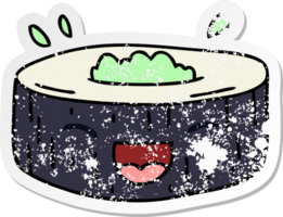 distressed sticker of a quirky hand drawn cartoon happy sushi png