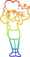 rainbow gradient line drawing of a cartoon girl playing with hair png