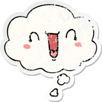 happy cartoon face with thought bubble as a distressed worn sticker png