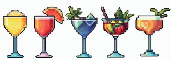 Set of Pixel cocktail icon. Retro 90s gaming 8 bit icon of pixel mosaic glasses of cocktail drink. Pixel classic party beverage for game and stickers. Summer vacation icons set vector