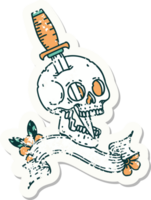 worn old sticker with banner of a skull png