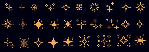 Pixel art stars. Retro decorative night pixelated sparkling elements. Yellow and gold star and glitter for mobile games. 8-bit retro style illustration. vector