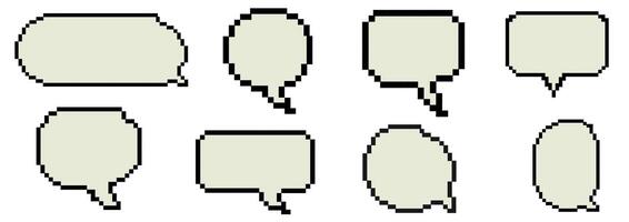 Pixel speech bubbles dialog box set in old computer style. Pixel-based 8-bit graphics of the 90s games. Template for social networks, banners, stickers, collages. vector