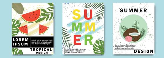 Creative concept of summer bright cards set with abstract tropical leaves and watermelon and coconut. Modern art design templates for celebration, ads, party, event banner, cover, label, poster, sales vector