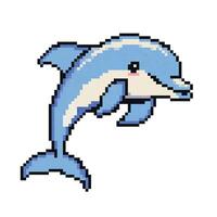 Pixeled Cartoon Dolphin character. Summer vacation icons set in pixel art design isolated on white background, 80s-90s, digital vintage game style. vector