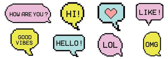 Pixel art dialogue box, acronym word. Speech bubbles in the mood of 90's aesthetics. 8-bit retro style illustration set. 8 bit, 80s, 90s games, computer arcade game vector