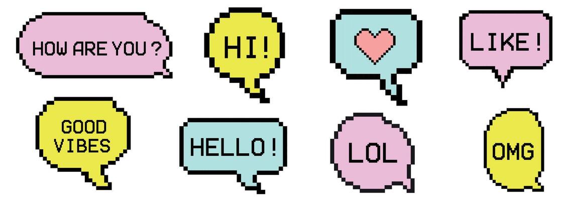 Pixel art dialogue box, acronym word. Speech bubbles in the mood of 90's aesthetics. 8-bit retro style illustration set. 8 bit, 80s, 90s games, computer arcade game