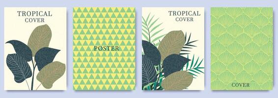 Creative covers or posters in modern minimal style with foliage, botanical, tropical leaves and geometric patterns. Design for wall framed prints, canvas prints, poster, home decor, cover, wallpaper vector