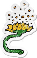 distressed sticker of a cartoon flower releasing pollen png