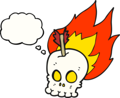 hand drawn thought bubble cartoon skull with arrow png