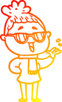 warm gradient line drawing of a cartoon happy woman wearing spectacles png