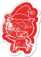 quirky cartoon distressed sticker of a pig shouting wearing santa hat png